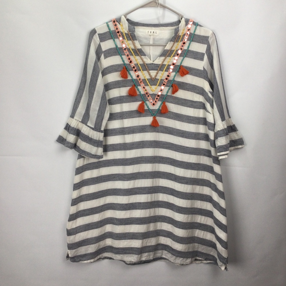 THML Dress with Embellishments Boho mini shift womens XS gray & white striped